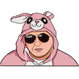An illustration of Matty in a pink bunny suit. He is also wearing sunglasses.