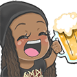 An illustration of Ebonie holding a big pint of frothy beer. She looks incredibly happy.